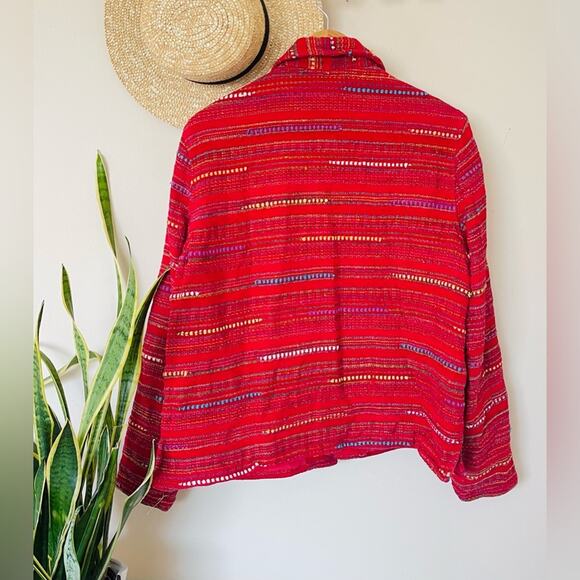 Vintage 00s Y2K Coldwater Creek Red Tweed Striped Shirt Jacket Shaket - Picture 4 of 5